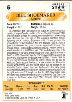 1991 Jockey Star Jockeys #5 Bill Shoemaker Back